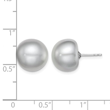 Sterling Silver Rhodium-plated 12-13mm Grey Button Freshwater Cultured Pearl Post Earrings