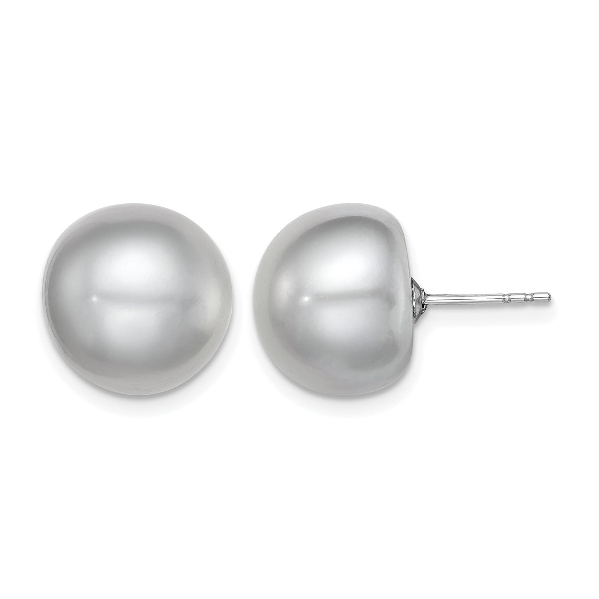 Sterling Silver Rhodium-plated 12-13mm Grey Button Freshwater Cultured Pearl Post Earrings