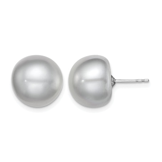 Sterling Silver Rhodium-plated 12-13mm Grey Button Freshwater Cultured Pearl Post Earrings