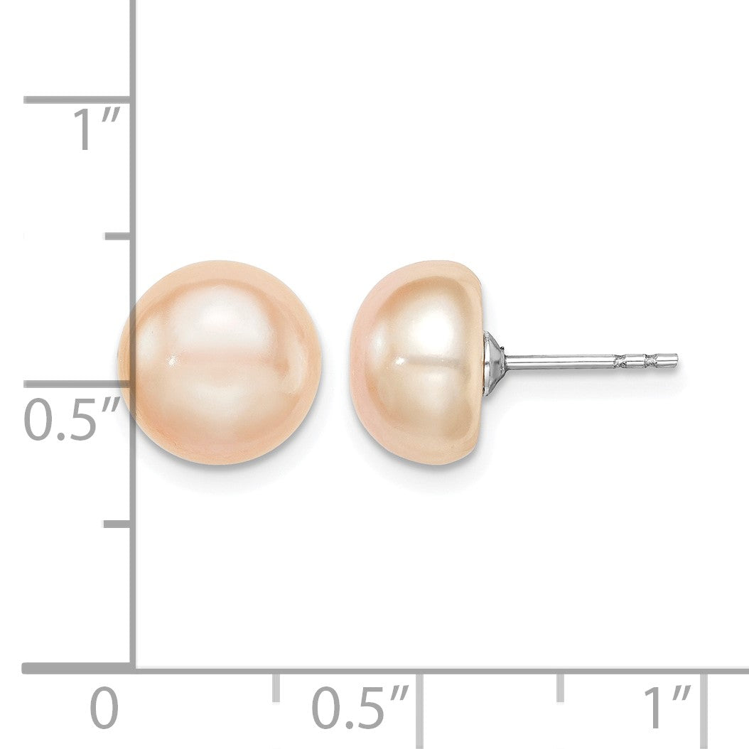 Sterling Silver Rhodium-plated 9-10mm Pink Button Freshwater Cultured Pearl Post Earrings
