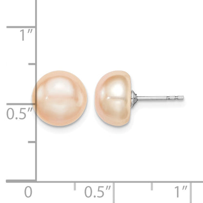 Sterling Silver Rhodium-plated 9-10mm Pink Button Freshwater Cultured Pearl Post Earrings