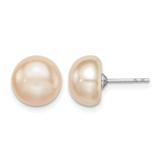 Sterling Silver Rhodium-plated 9-10mm Pink Button Freshwater Cultured Pearl Post Earrings