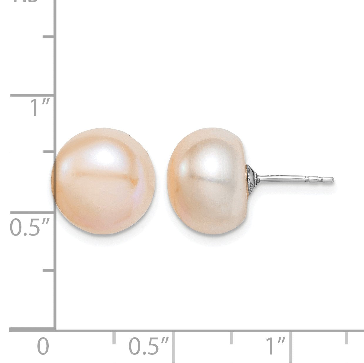 Sterling Silver Rhodium-plated 11-12mm Pink Button Freshwater Cultured Pearl Post Earrings