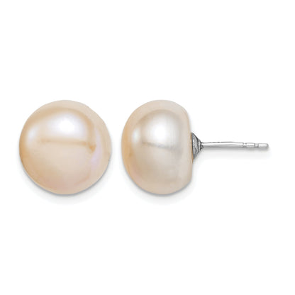 Sterling Silver Rhodium-plated 11-12mm Pink Button Freshwater Cultured Pearl Post Earrings
