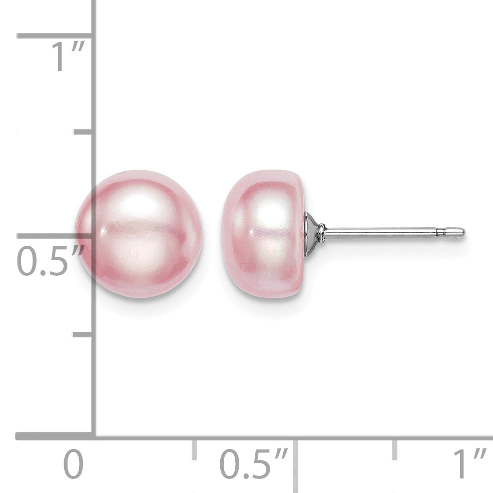 Sterling Silver Rhodium-plated 8-9mm Purple Button Freshwater Cultured Pearl Post Earrings