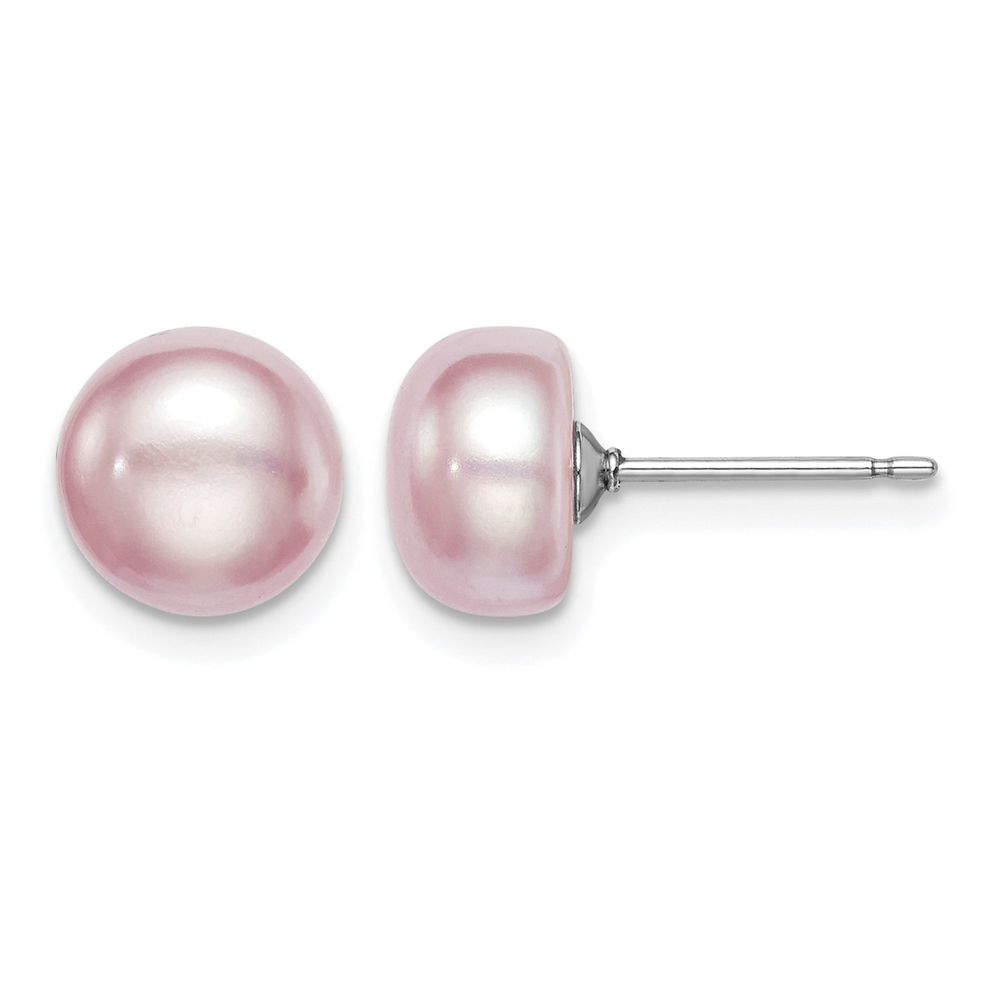 Sterling Silver Rhodium-plated 8-9mm Purple Button Freshwater Cultured Pearl Post Earrings