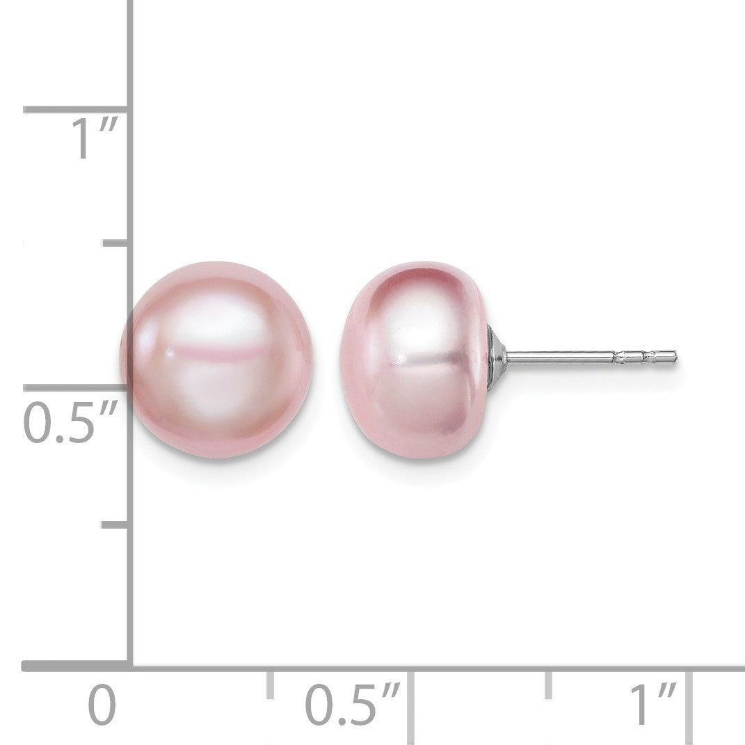 Sterling Silver Rhodium-plated 9-10mm Purple Button Freshwater Cultured Pearl Post Earrings