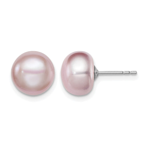 Sterling Silver Rhodium-plated 9-10mm Purple Button Freshwater Cultured Pearl Post Earrings