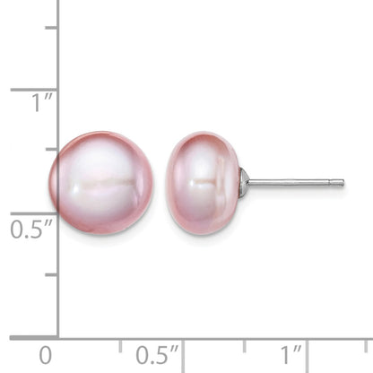 Sterling Silver Rhodium-plated 10-11mm Purple Button Freshwater Cultured Pearl Post Earrings