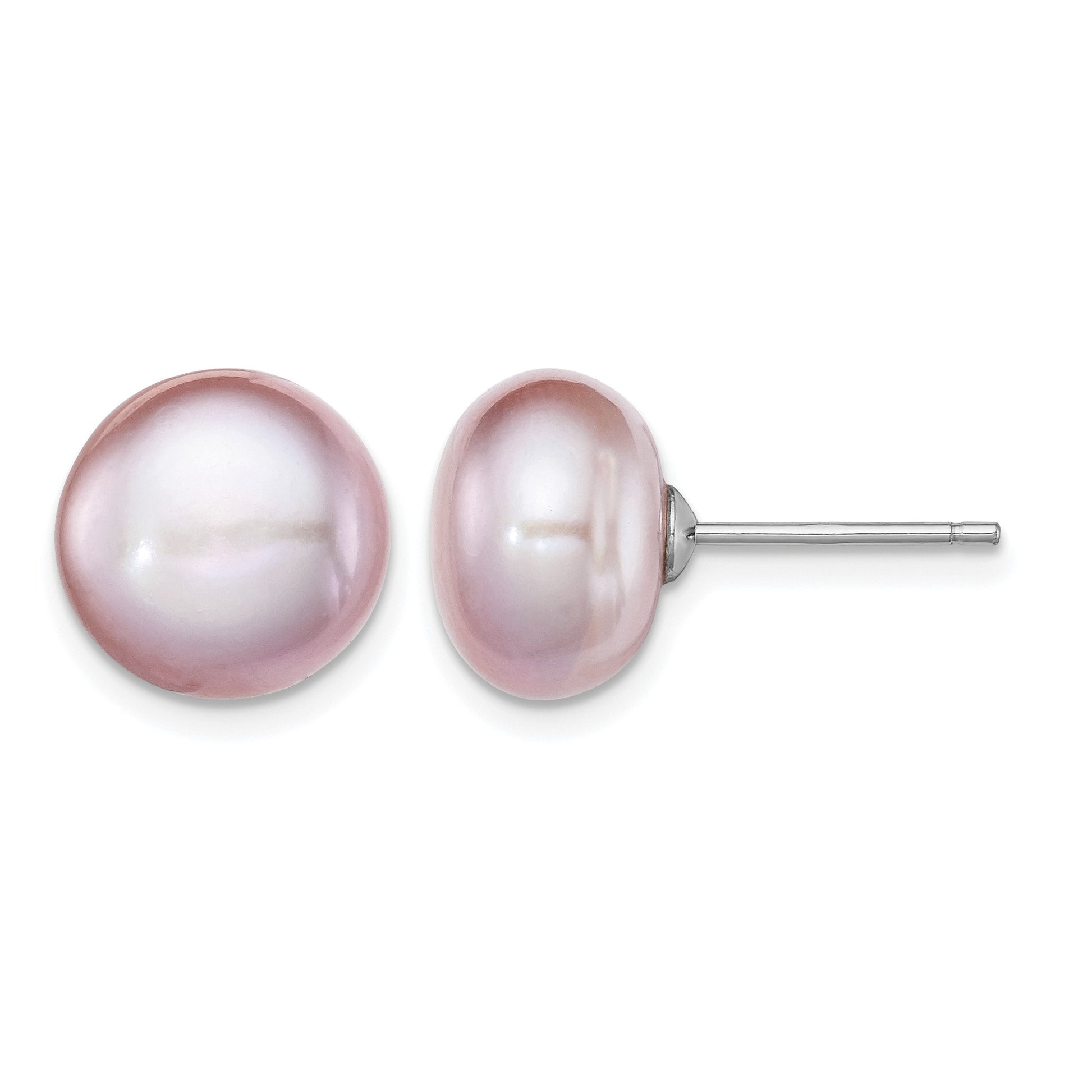 Sterling Silver Rhodium-plated 10-11mm Purple Button Freshwater Cultured Pearl Post Earrings