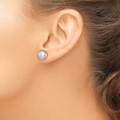 Sterling Silver Rhodium-plated 11-12mm Purple Button Freshwater Cultured Pearl Post Earrings