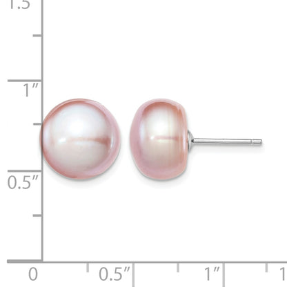 Sterling Silver Rhodium-plated 11-12mm Purple Button Freshwater Cultured Pearl Post Earrings