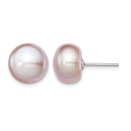 Sterling Silver Rhodium-plated 11-12mm Purple Button Freshwater Cultured Pearl Post Earrings