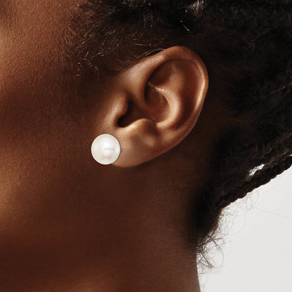 Sterling Silver Rhodium-plated 12-13mm White Button Freshwater Cultured Pearl Post Earrings