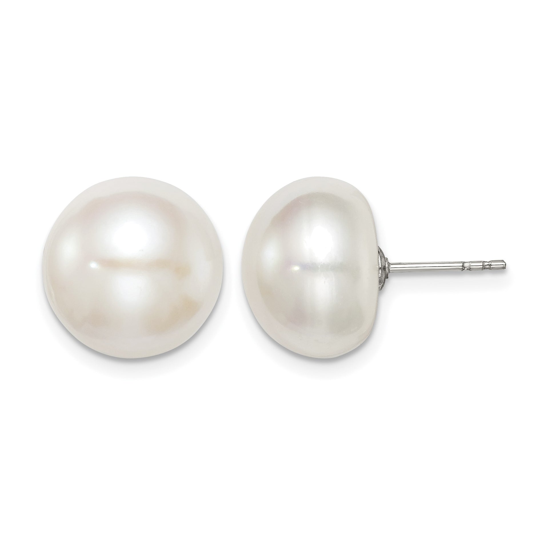 Sterling Silver Rhodium-plated 12-13mm White Button Freshwater Cultured Pearl Post Earrings