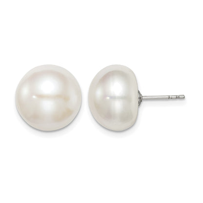 Sterling Silver Rhodium-plated 12-13mm White Button Freshwater Cultured Pearl Post Earrings