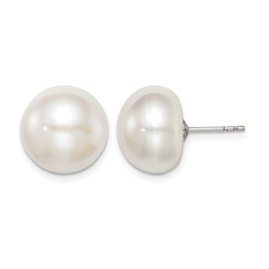 Sterling Silver Rhodium-plated 12-13mm White Button Freshwater Cultured Pearl Post Earrings