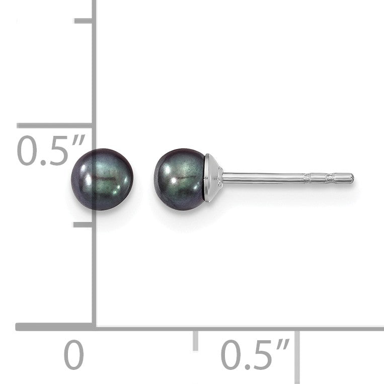 Sterling Silver Rhodium-plated 3-4mm Black Round Freshwater Cultured Pearl Post Earrings