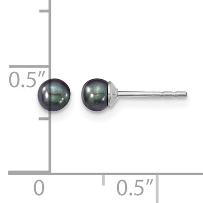 Sterling Silver Rhodium-plated 3-4mm Black Round Freshwater Cultured Pearl Post Earrings