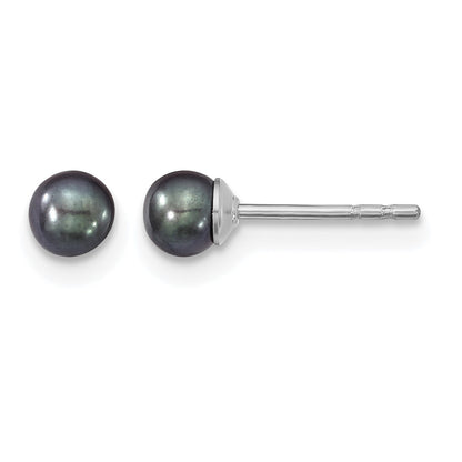 Sterling Silver Rhodium-plated 3-4mm Black Round Freshwater Cultured Pearl Post Earrings