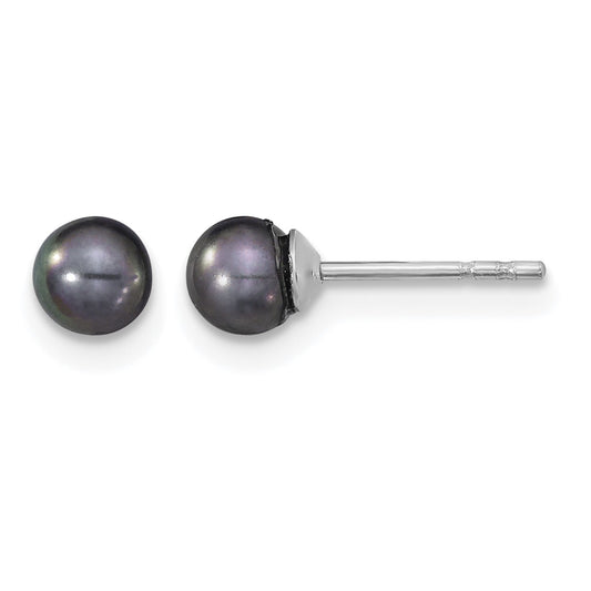 Sterling Silver Rhodium-plated 4-5mm Black Round Freshwater Cultured Pearl Post Earrings
