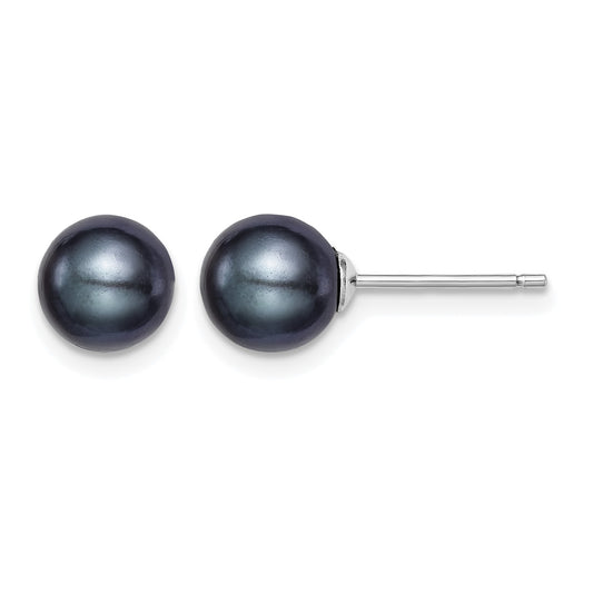 Sterling Silver Rhodium-plated 7-8mm Black Round Freshwater Cultured Pearl Post Earrings