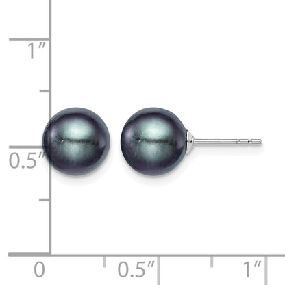 Sterling Silver Rhodium-plated 8-9mm Black Round Freshwater Cultured Pearl Post Earrings