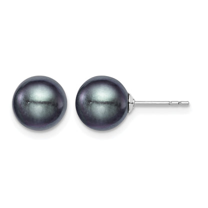 Sterling Silver Rhodium-plated 8-9mm Black Round Freshwater Cultured Pearl Post Earrings