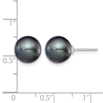Sterling Silver Rhodium-plated 9-10mm Black Round Freshwater Cultured Pearl Post Earring