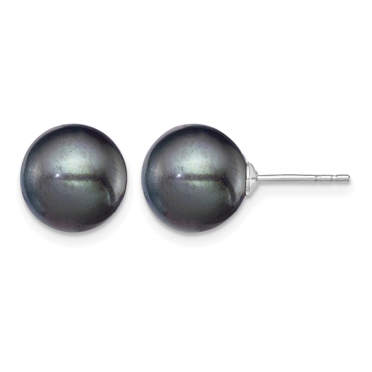 Sterling Silver Rhodium-plated 9-10mm Black Round Freshwater Cultured Pearl Post Earring