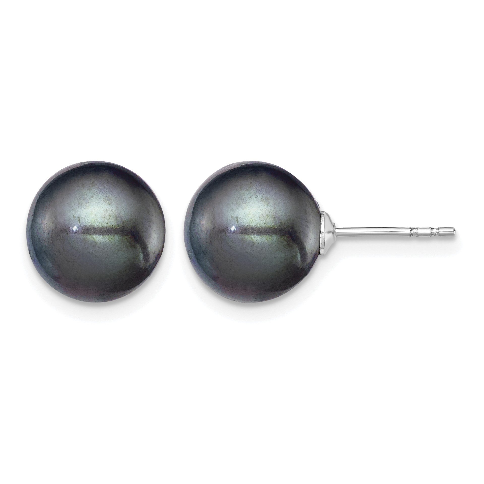 Sterling Silver Rhodium-plated 9-10mm Black Round Freshwater Cultured Pearl Post Earring