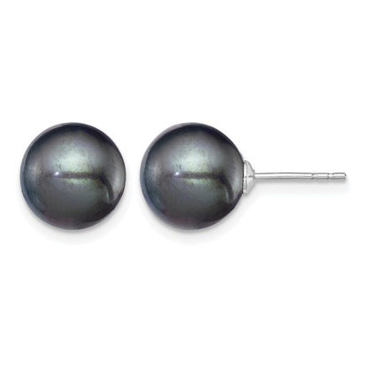 Sterling Silver Rhodium-plated 9-10mm Black Round Freshwater Cultured Pearl Post Earring