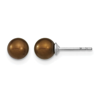 Sterling Silver Rhodium-plated 5-6mm Brown Round Freshwater Cultured Pearl Post Earring