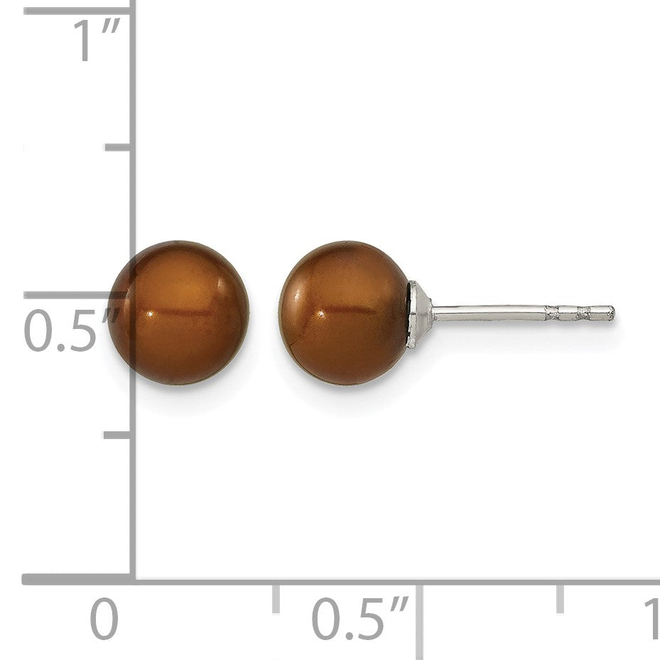 Sterling Silver Rhodium-plated 6-7mm Brown Round Freshwater Cultured Pearl Post Earring