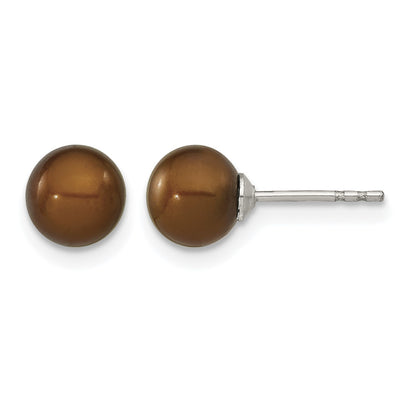 Sterling Silver Rhodium-plated 6-7mm Brown Round Freshwater Cultured Pearl Post Earring
