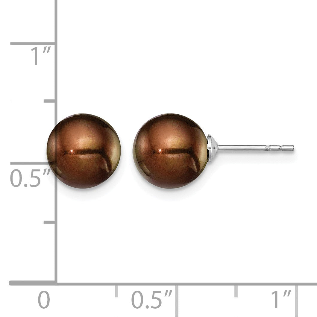 Sterling Silver Rhodium-plated 8-9mm Brown Round Freshwater Cultured Pearl Post Earring
