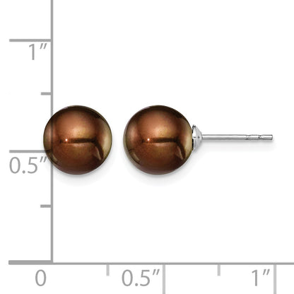 Sterling Silver Rhodium-plated 8-9mm Brown Round Freshwater Cultured Pearl Post Earring