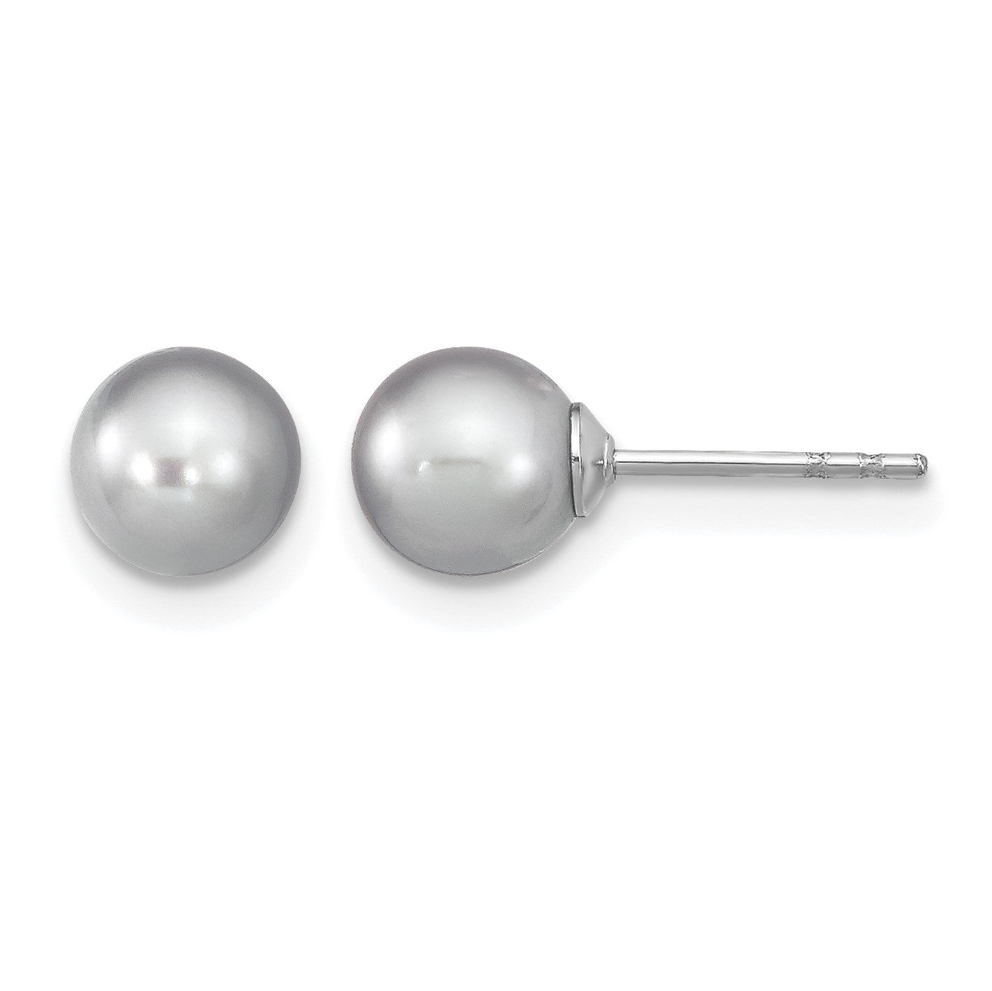 Sterling Silver Rhodium-plated 6-7mm Grey Round Freshwater Cultured Pearl Post Earrings