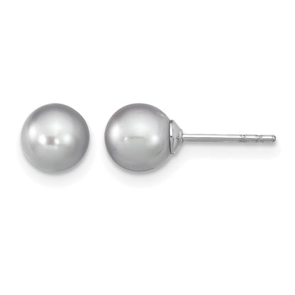 Sterling Silver Rhodium-plated 6-7mm Grey Round Freshwater Cultured Pearl Post Earrings