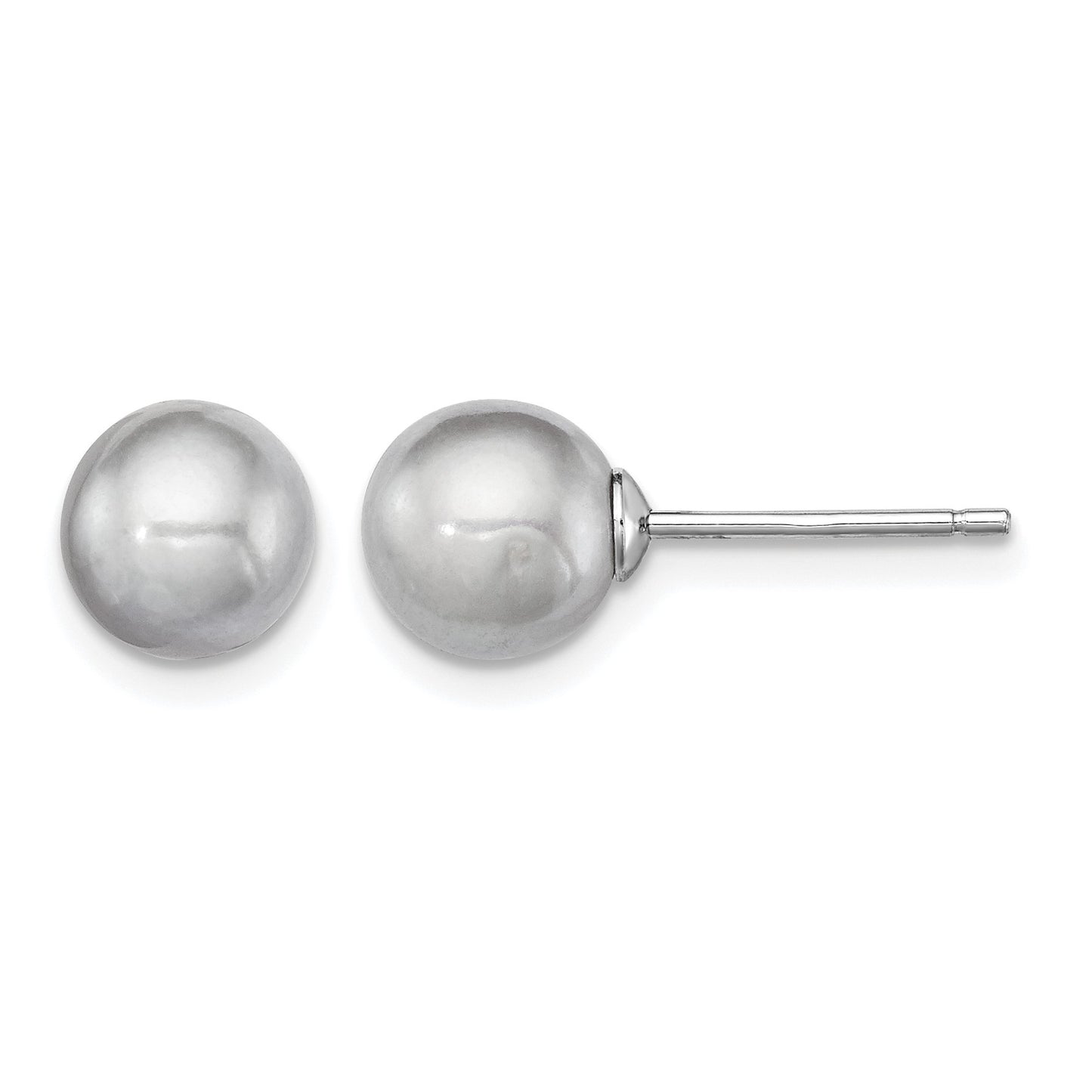 Sterling Silver Rhodium-plated 7-8mm Grey Round Freshwater Cultured Pearl Post Earrings