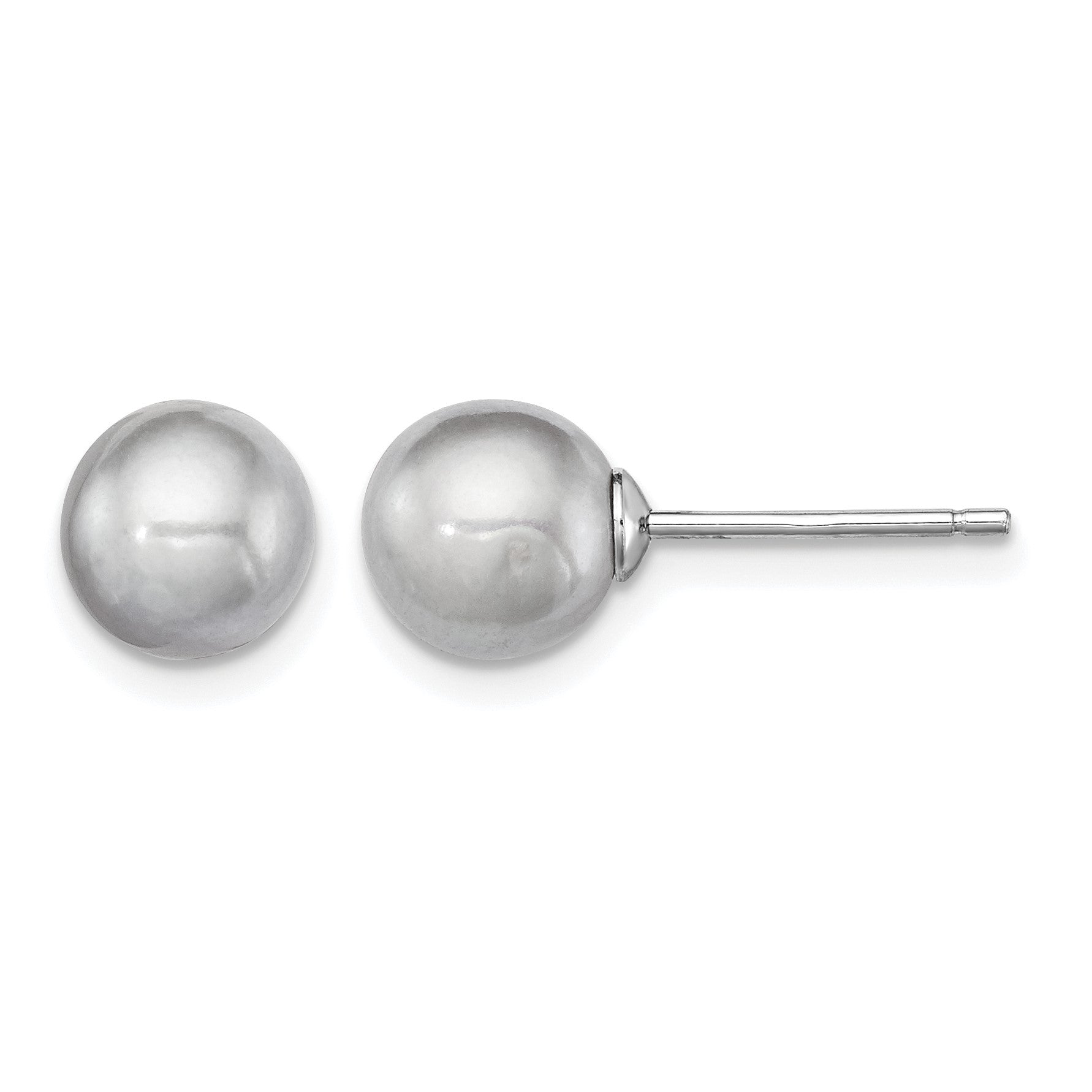 Sterling Silver Rhodium-plated 7-8mm Grey Round Freshwater Cultured Pearl Post Earrings