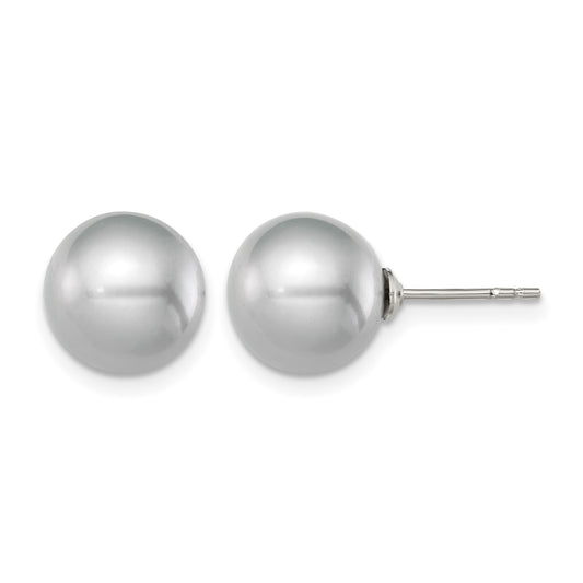 Sterling Silver Rhodium-plated 9-10mm Grey Round Freshwater Cultured Pearl Post Earrings