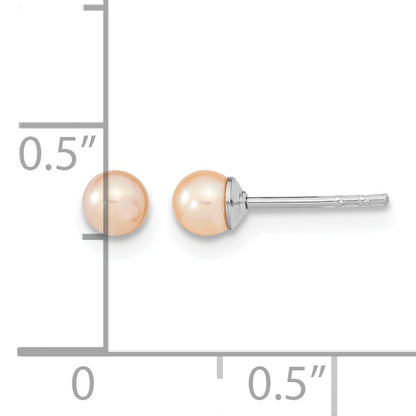 Sterling Silver Rhodium-plated 3-4mm Pink Round Freshwater Cultured Pearl Post Earrings