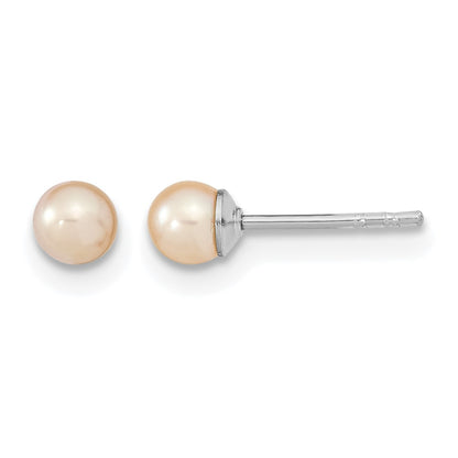 Sterling Silver Rhodium-plated 3-4mm Pink Round Freshwater Cultured Pearl Post Earrings