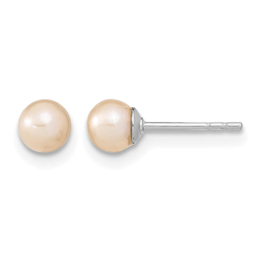 Sterling Silver Rhodium-plated 4-5mm Pink Round Freshwater Cultured Pearl Post Earrings
