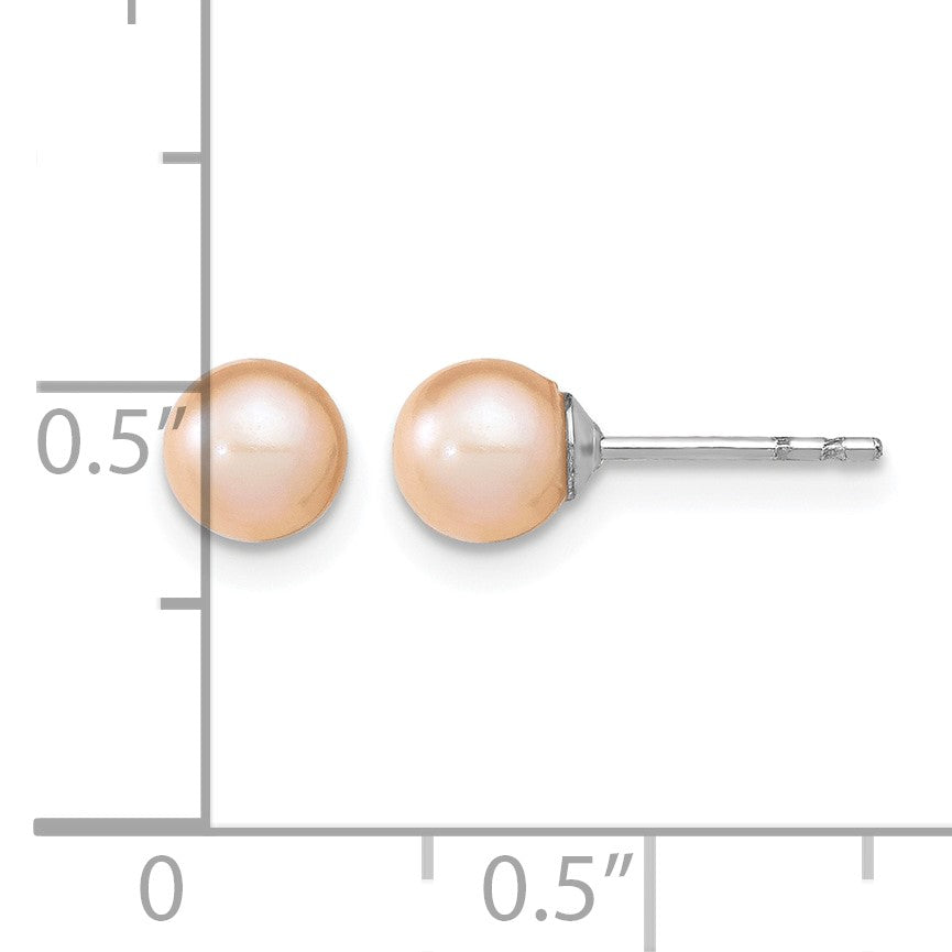 Sterling Silver Rhodium-plated 5-6mm Pink Round Freshwater Cultured Pearl Post Earrings