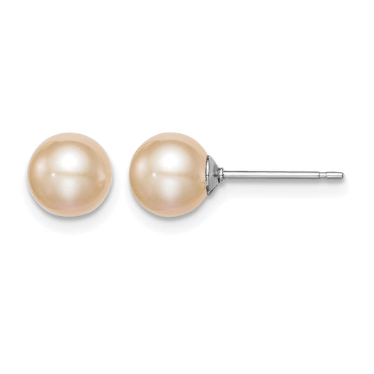 Sterling Silver Rhodium-plated 6-7mm Pink Round Freshwater Cultured Pearl Post Earrings