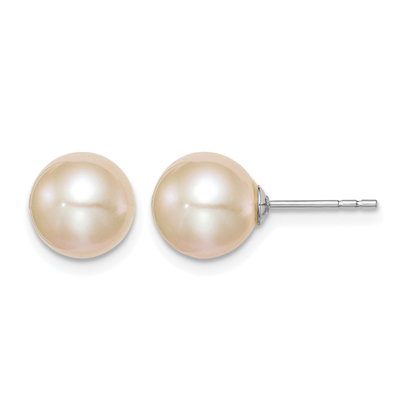 Sterling Silver Rhodium-plated 8-9mm Pink Round Freshwater Cultured Pearl Post Earrings