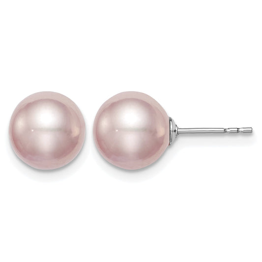 Sterling Silver Rhodium-plated 8-9mm Purple Round Freshwater Cultured Pearl Post Earring