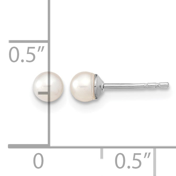 Sterling Silver Rhodium-plated 3-4mm White Round Freshwater Cultured Pearl Post Earrings